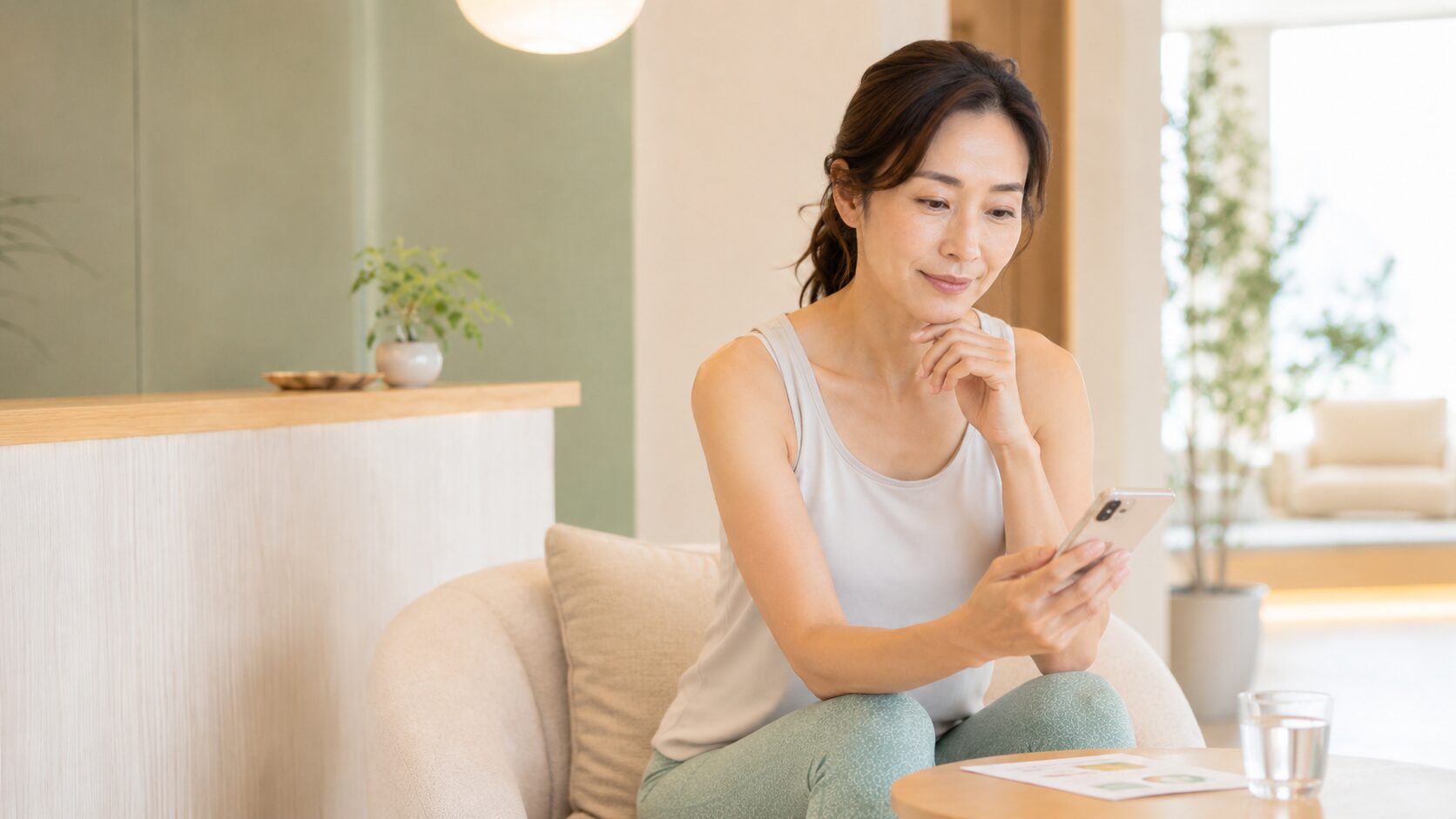 スマホで料金・プランを確認しながら考える女性