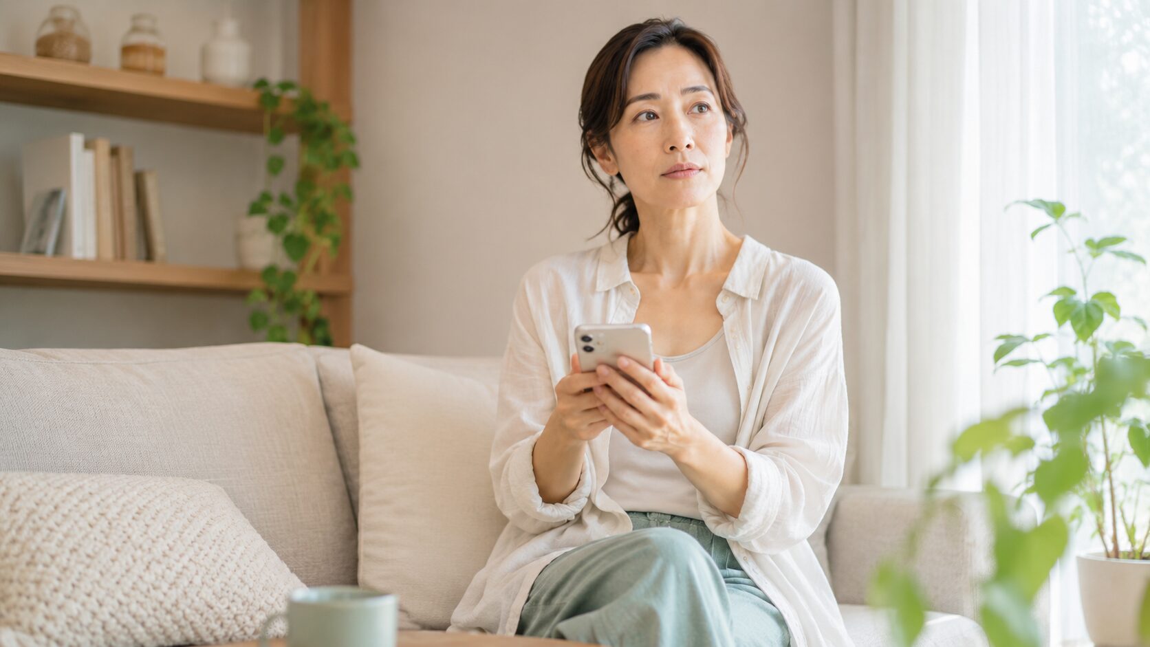 入会案内に不安を感じながらスマホを持つ女性
